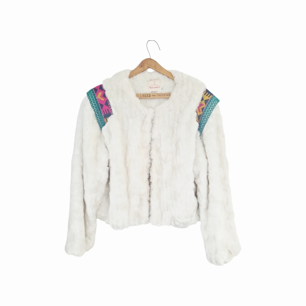Native Rose Boho Chic White Faux Fur Cropped Jacket L